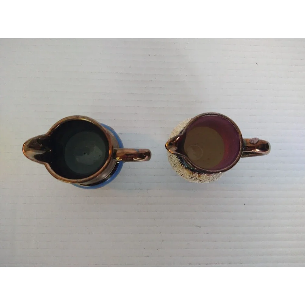 Set of 2 Small Mini Vintage Blue White Enamelware Creamers Pitchers Collectable